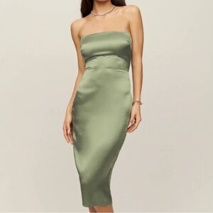 REFORMATION Oaklie Silk Strapless Midi Dress in Artichoke 0